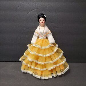 Vintage Spanish Doll on Stand With Lace & Tulle Dress & Jewelry 12" Handcrafted